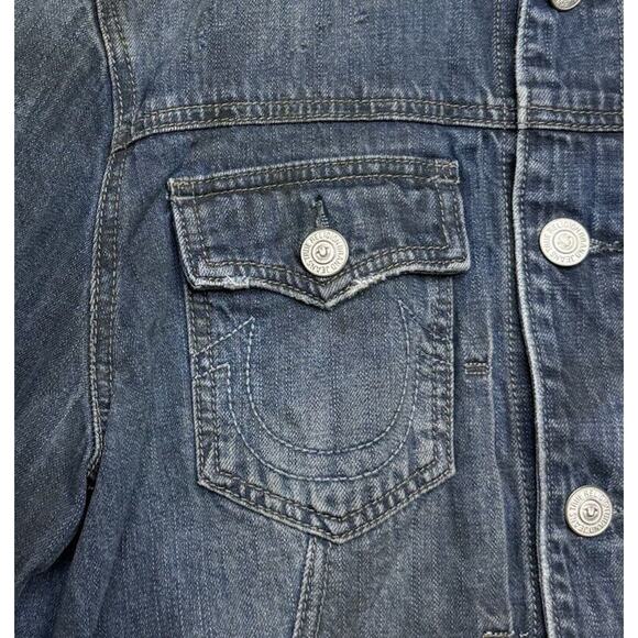 TRUE RELIGION Dylan Distressed Denim Trucker Jacket Flap Pockets Indigo Mens L - Picture 5 of 12